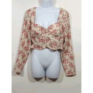 Windsor Women's Pink Floral Cropped Long Sleeve Corset Bustier Top Large